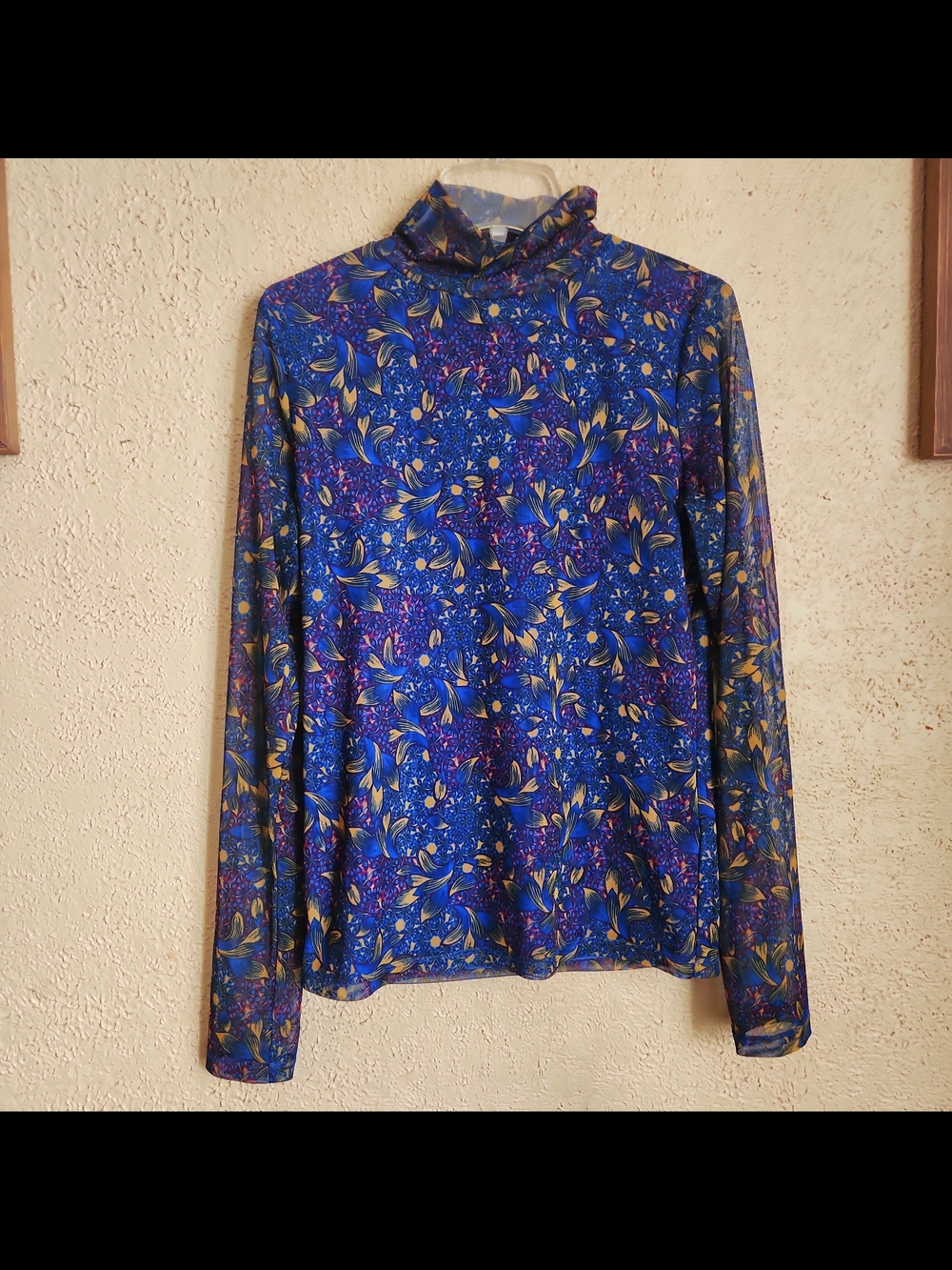 Anthropologie Blue Floral Long-Sleeve Mock Neck Tee